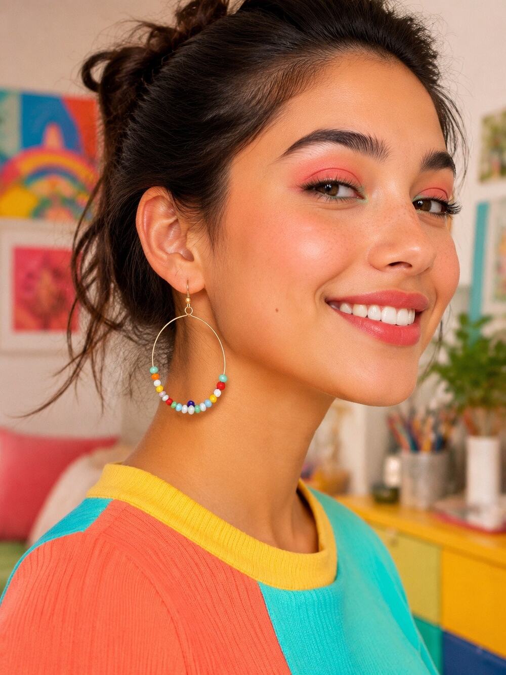 Gold Tone Multicolor Beaded Large Hoop Earrings Rainbow Boho Statement
